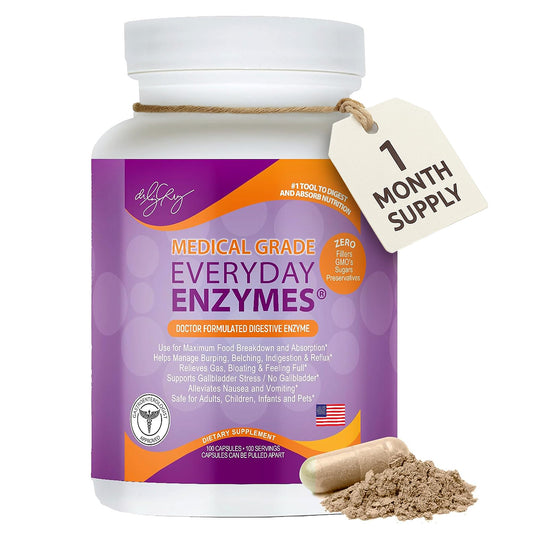 Dr. Liz Cruz Everyday ENZYMES bottle with capsules for better digestion after meals.