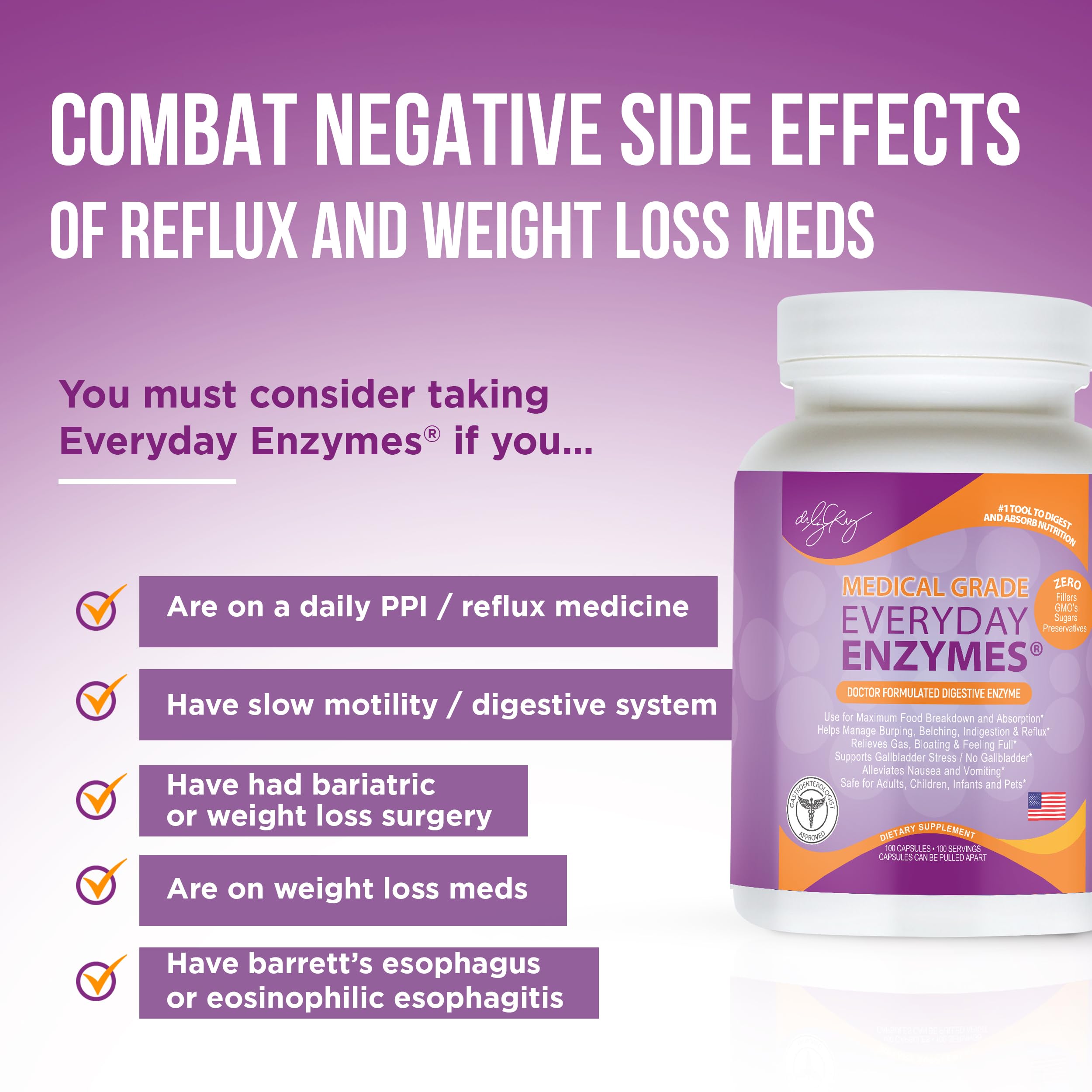 Non-GMO badge on Dr. Liz Cruz Everyday ENZYMES packaging.