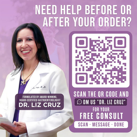 Pouring Dr. Liz Cruz Everyday ENZYMES demonstrates quick relief after meals.