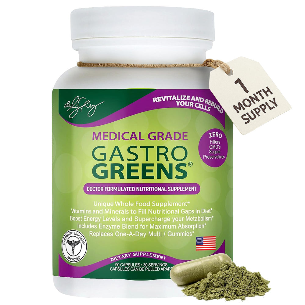 Dr. Liz Cruz Gastro Greens bottle demonstrates convenient whole-food greens for daily support.