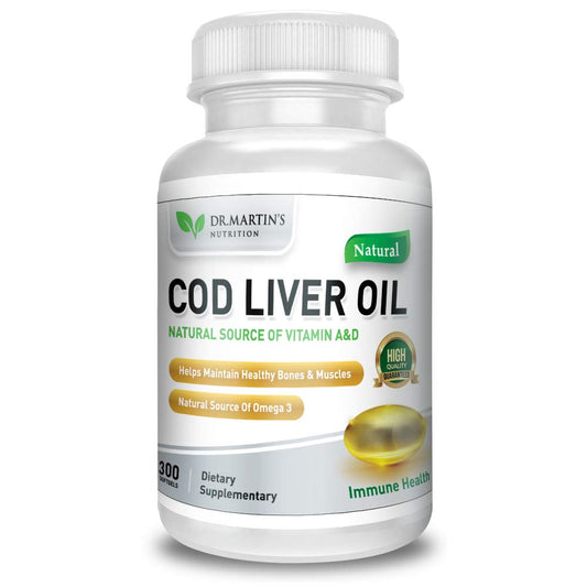 DR. MARTIN'S COD Liver Oil bottle with 300 softgels for easy omega-3 daily use.