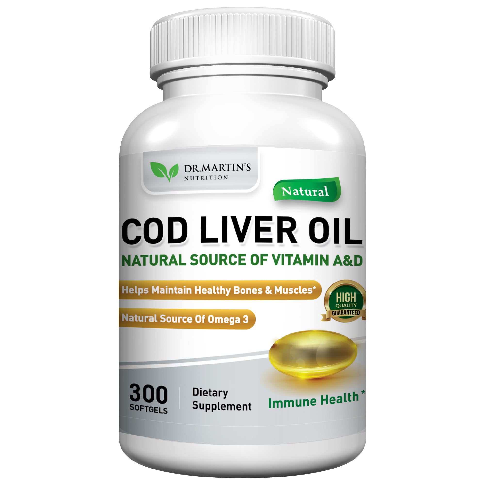 DR. MARTIN'S NUTRITION Cod Liver Oil bottle with 300 softgels supports immune health