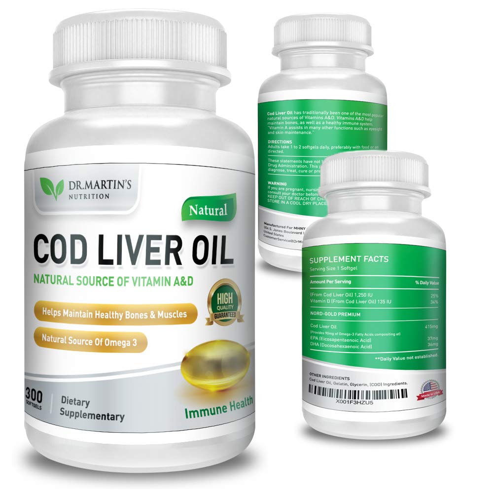 Close-up of DR. MARTIN'S COD Liver Oil capsules highlighting EPA and DHA content.