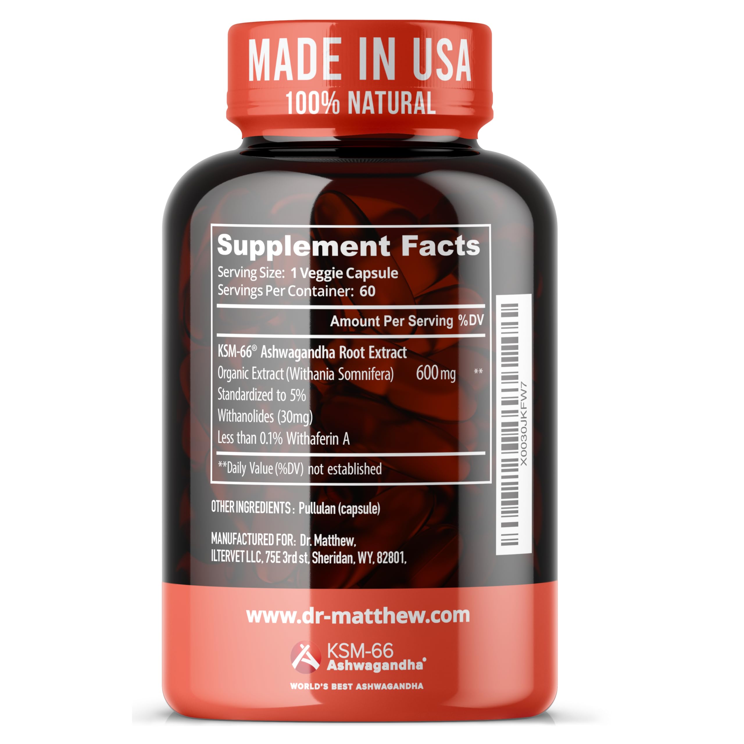 Dr. Matthew Ashwagandha KSM-66 full-spectrum illustration on label.