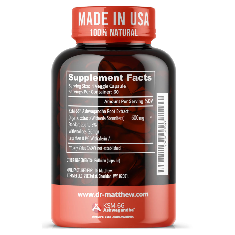 Dr. Matthew Ashwagandha KSM-66 full-spectrum illustration on label.