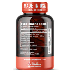 Dr. Matthew Ashwagandha KSM-66 full-spectrum illustration on label.