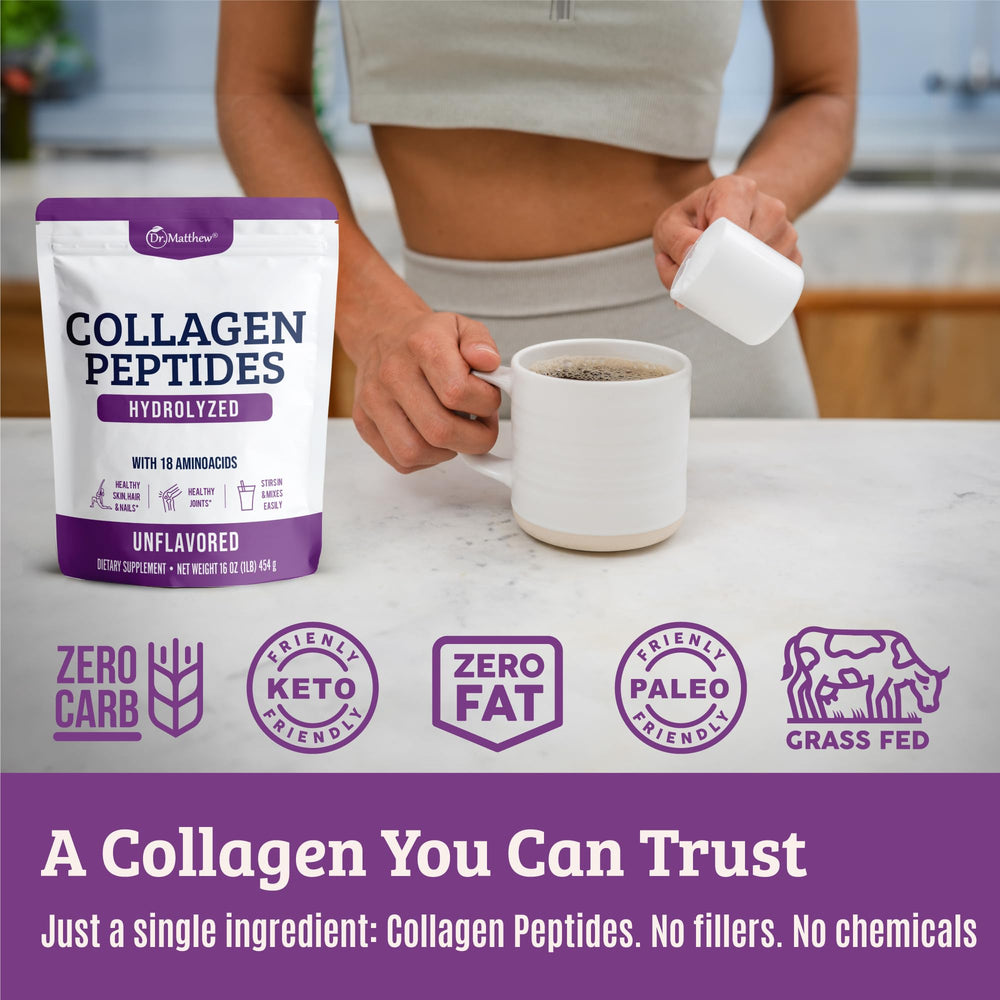 Dr Matthew collagen powder dissolving in coffee for a smooth flavor free protein boost