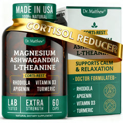 Dr. Matthew CortiRest bottle on a desk promoting natural stress support.