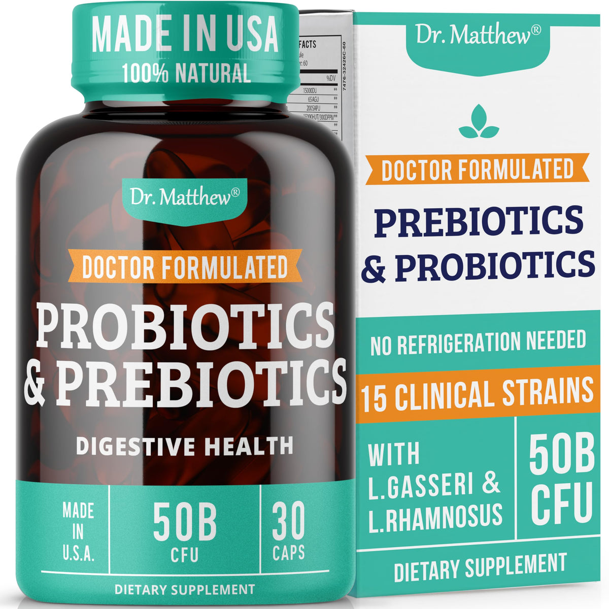 Dr. Matthew probiotic-prebiotic bottle with a doctor-formulated blend for daily gut balance.