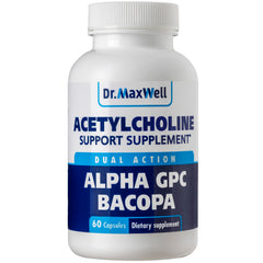 Dr. Maxwell Acetylcholine bottle cap shows the dual-action formula for focus support.