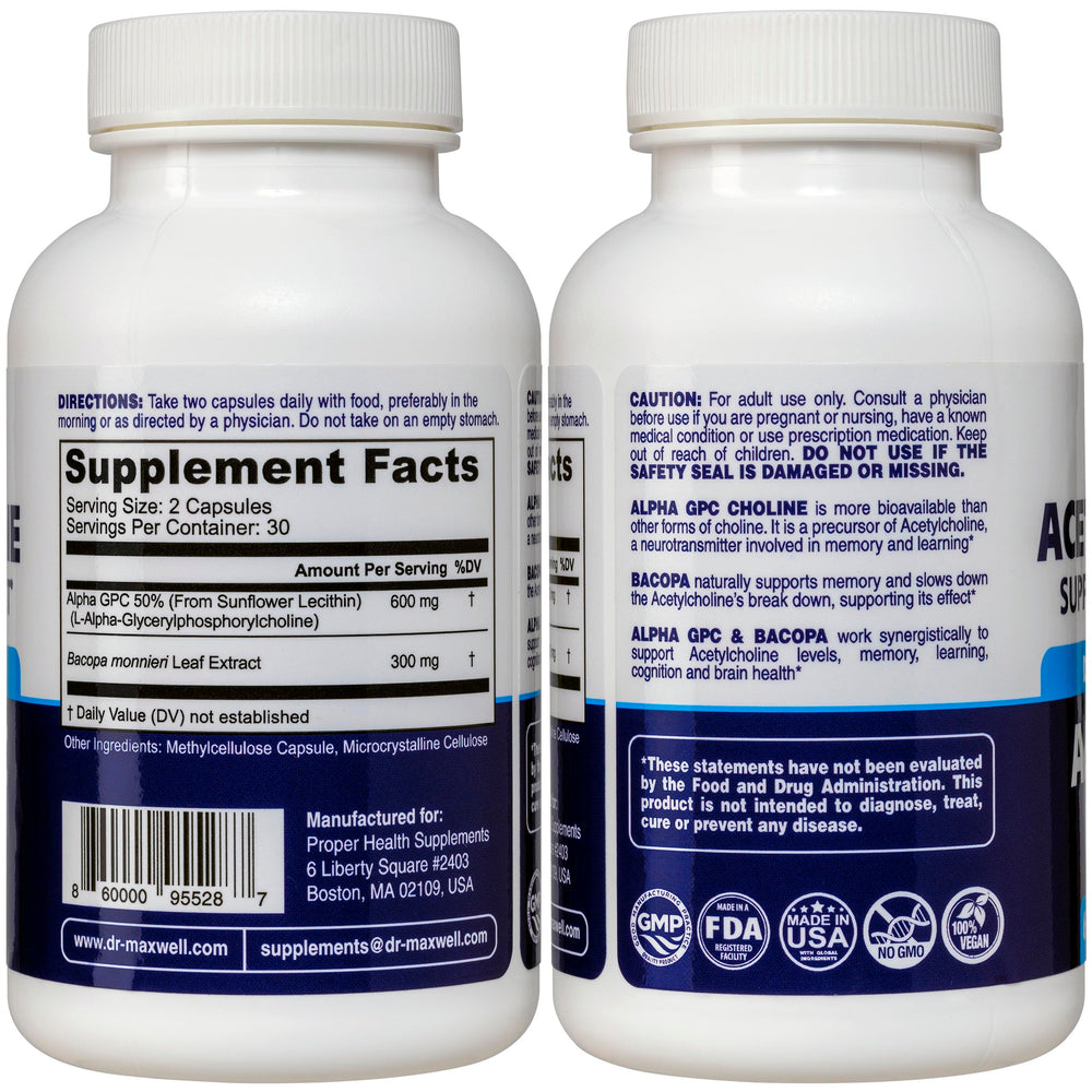 Dr. Maxwell Alpha GPC capsules close-up highlighting clean, vegan ingredients and high bioavailability.