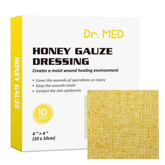 Dr. Med Honey Gauze Dressing 4x4 inch box for convenient wound care.