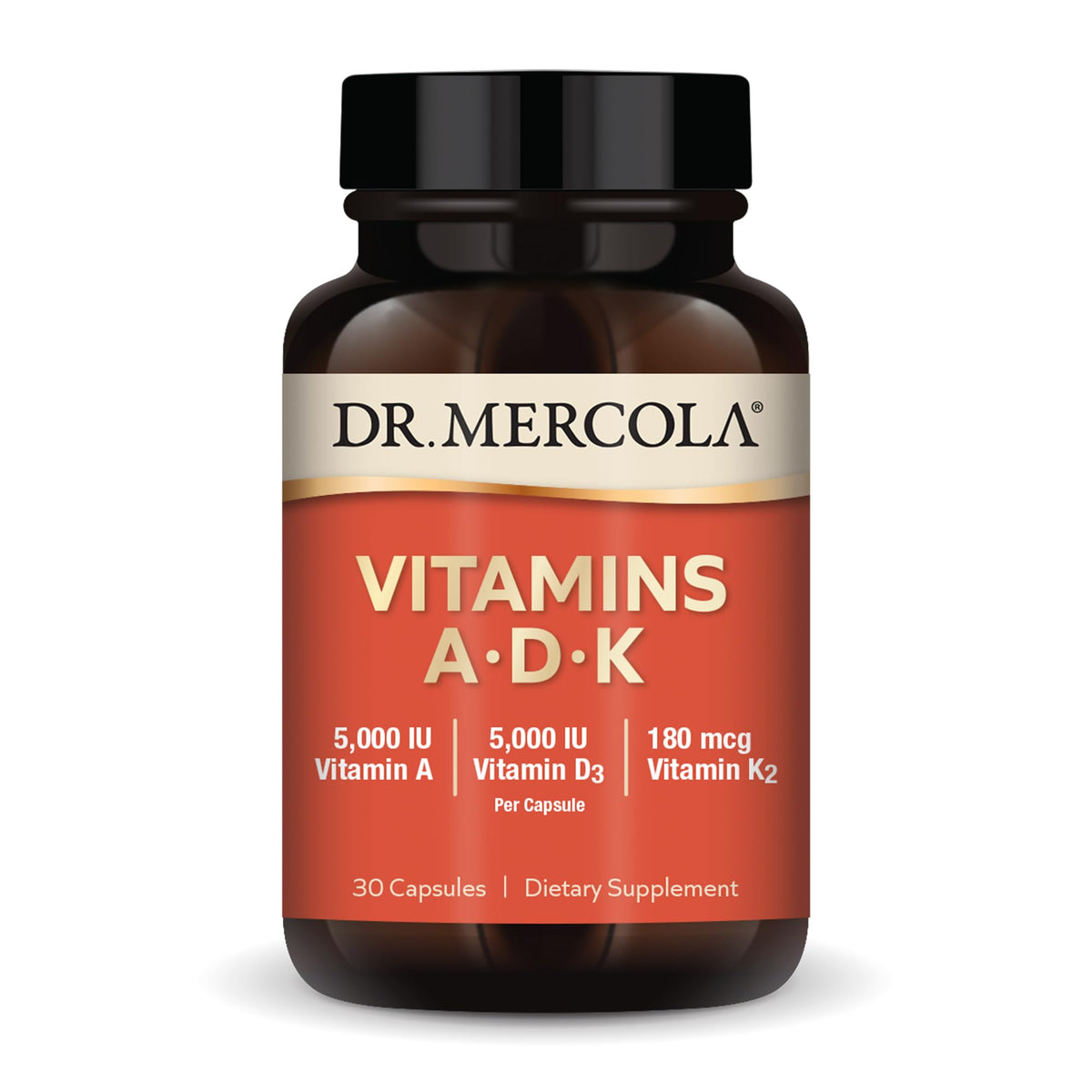 Dr. Mercola ADK bottle showing vitamins A, D3, and K2 for daily immune support