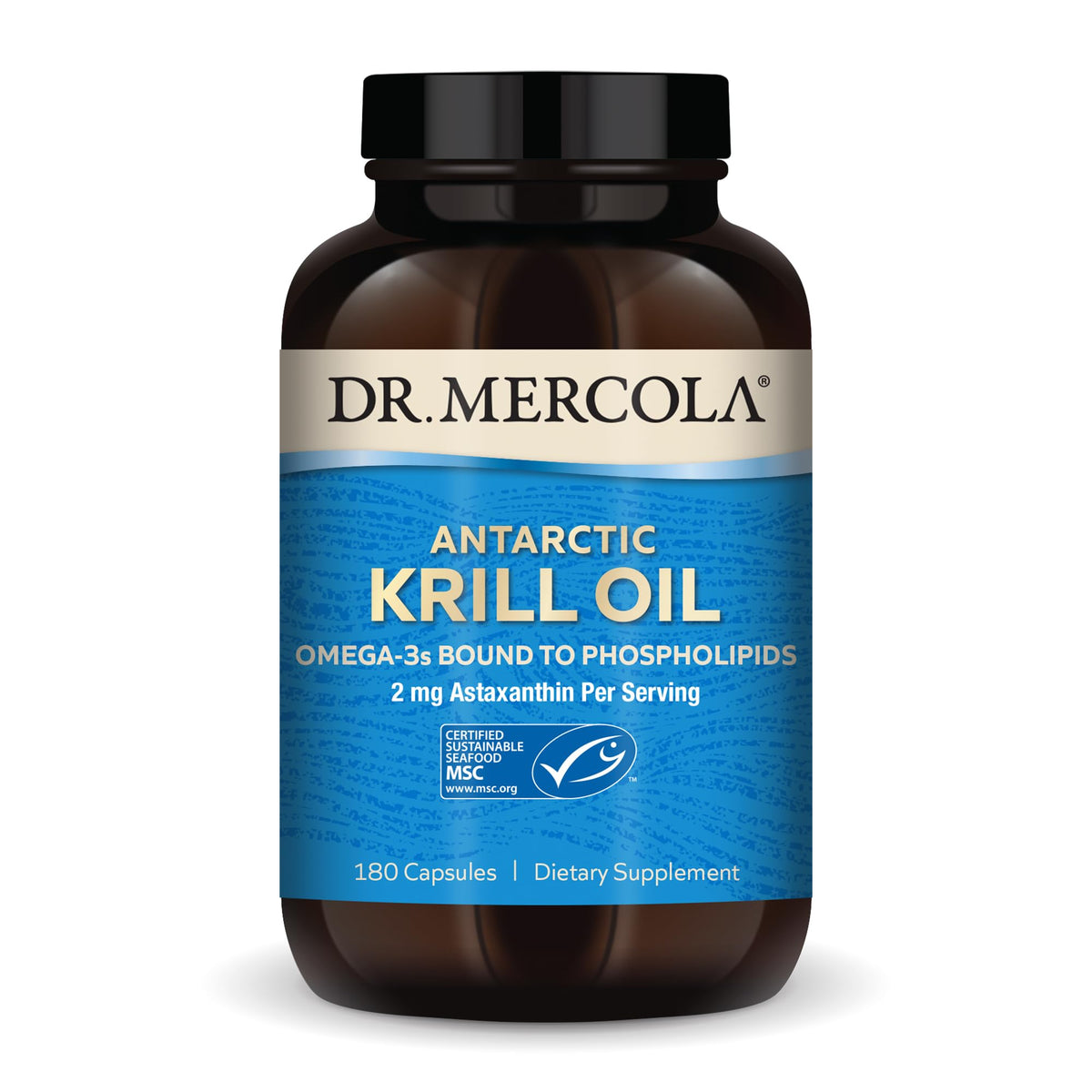 Dr. Mercola Antarctic Krill Oil bottle showing daily omega-3 capsules