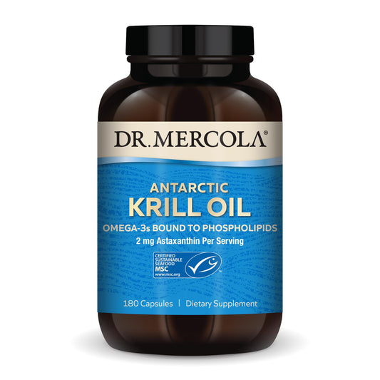 Dr. Mercola Antarctic Krill Oil bottle showing daily omega-3 capsules