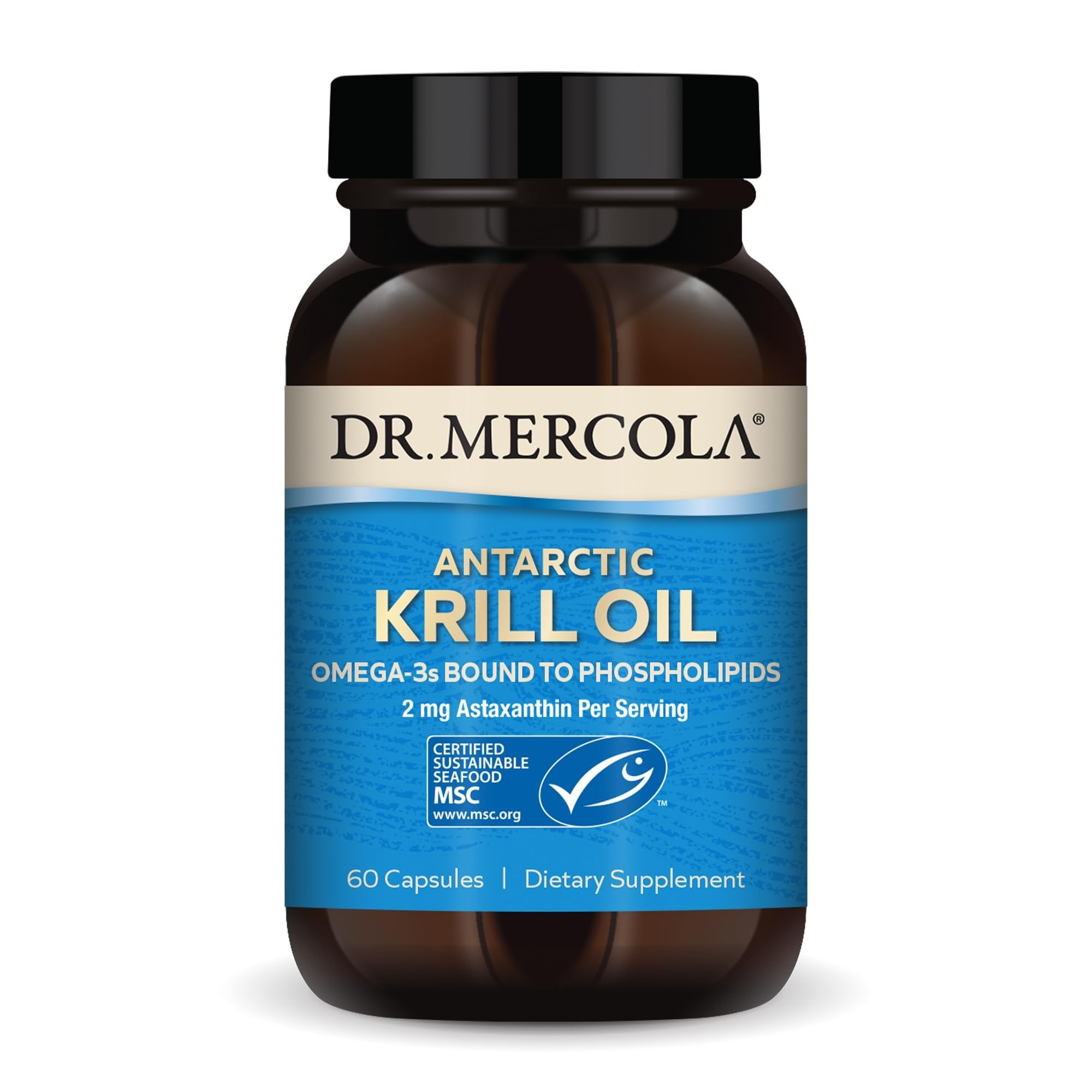 Dr. Mercola Antarctic Krill Oil bottle with omega-3 capsules for daily support.