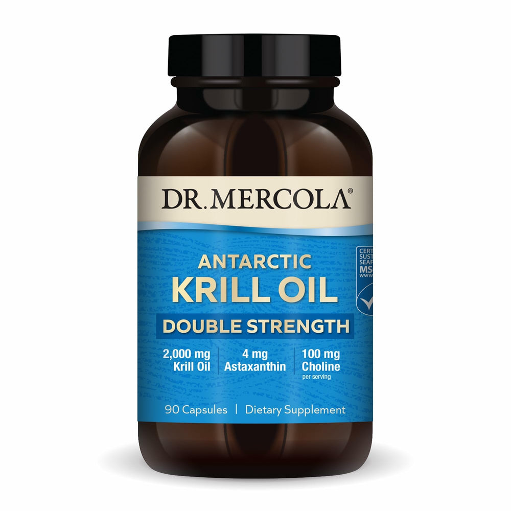Dr. Mercola Antarctic Krill Oil bottle with label highlighting daily omega-3 support.