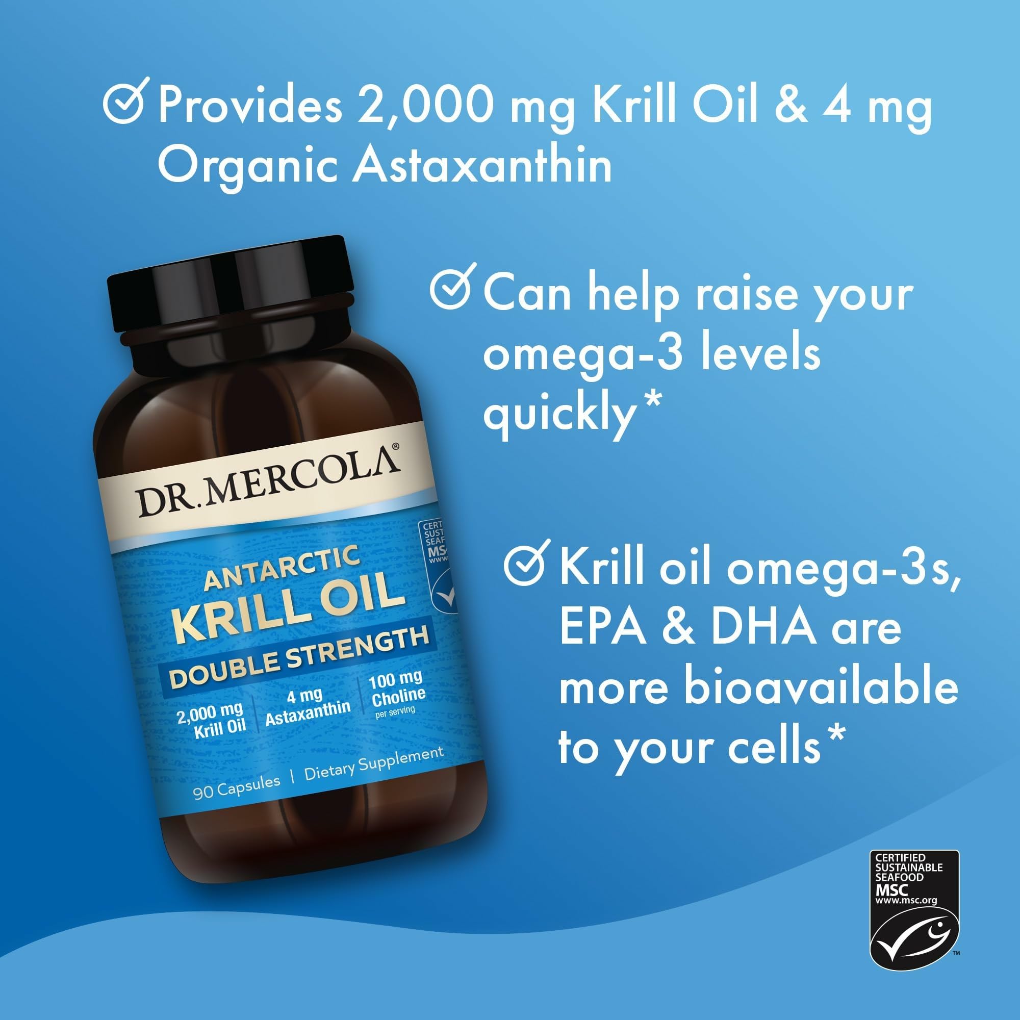 Dr. Mercola Krill Oil capsule closeup shows 2000 mg per serving.