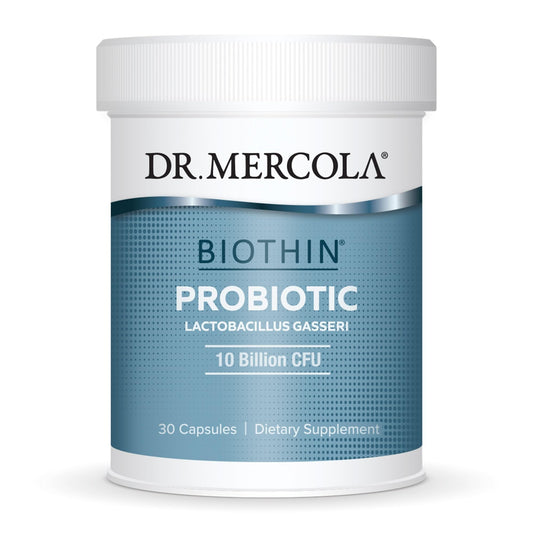 Dr Mercola Biothin Probiotic bottle showing label for daily digestive support
