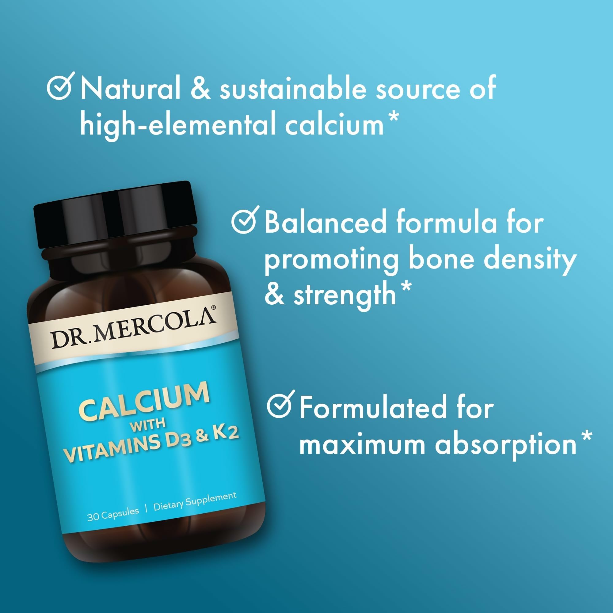Dr. Mercola Calcium bottle label communicates non-GMO, gluten-free, soy-free features