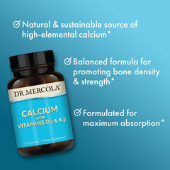 Dr. Mercola Calcium bottle label communicates non-GMO, gluten-free, soy-free features
