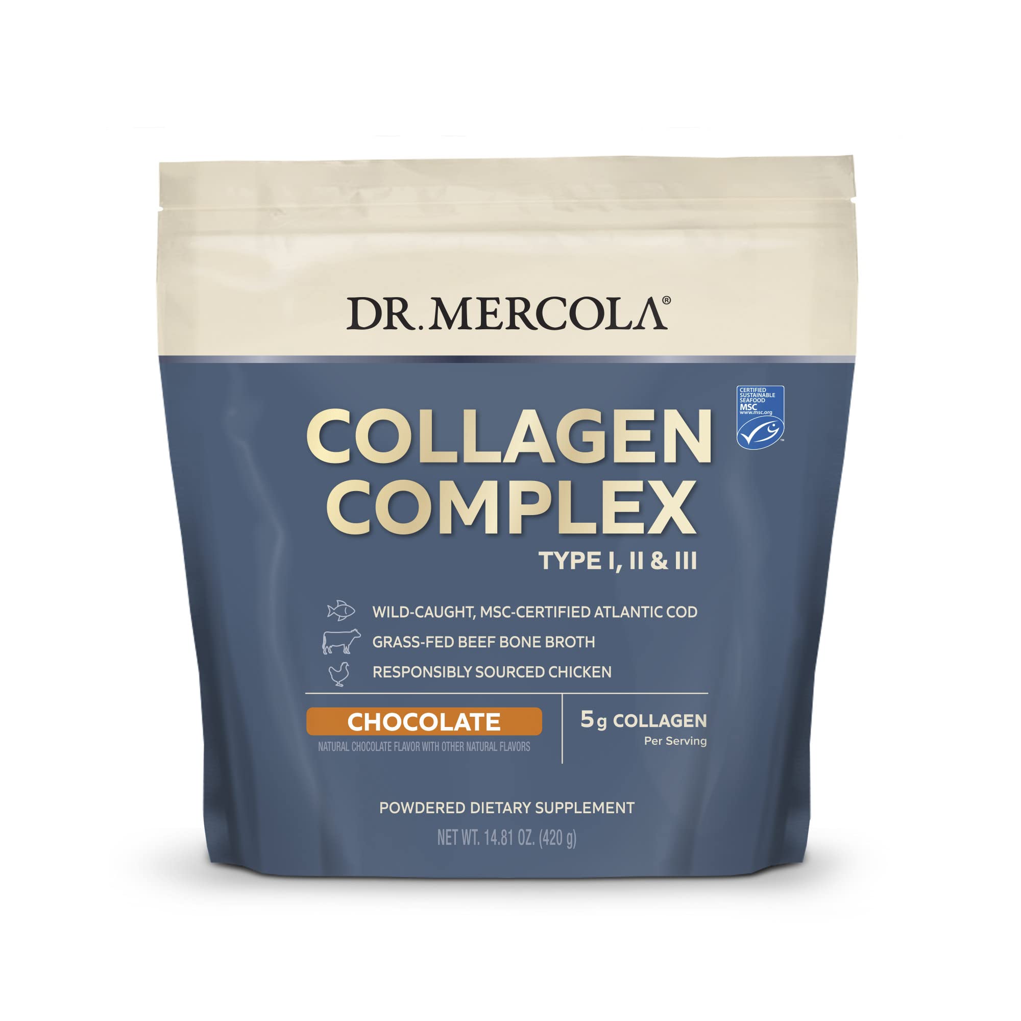 Dr. Mercola Collagen Complex Powder chocolate bottle front showing multi-source blend for skin elasticity
