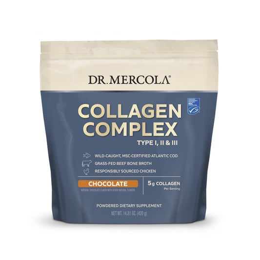 Dr. Mercola Collagen Complex Powder chocolate bottle front showing multi-source blend for skin elasticity