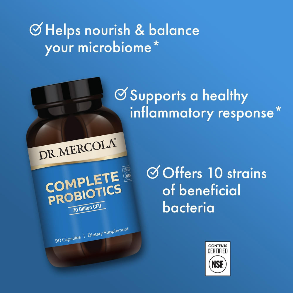 Graphic of 10 probiotic strains in Dr. Mercola Complete Probiotics.