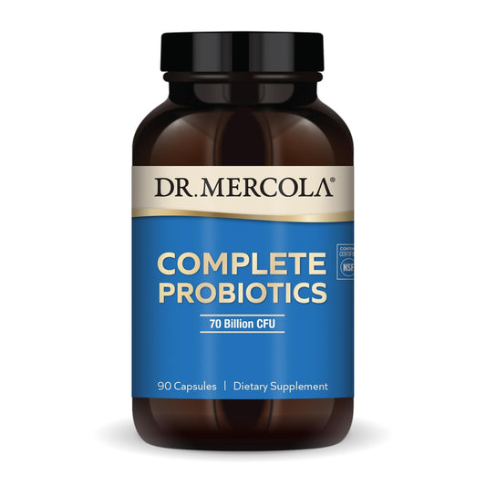 Dr. Mercola Complete Probiotics bottle label highlights 70 Billion CFU for balanced digestion.