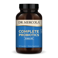 Dr. Mercola Complete Probiotics bottle label highlights 70 Billion CFU for balanced digestion.