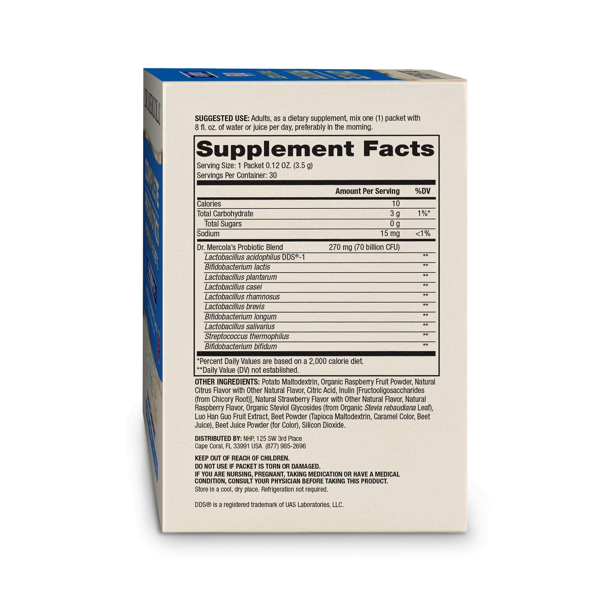 Dr. Mercola Complete Probiotics 10 strains graphic showing diverse microbial support.