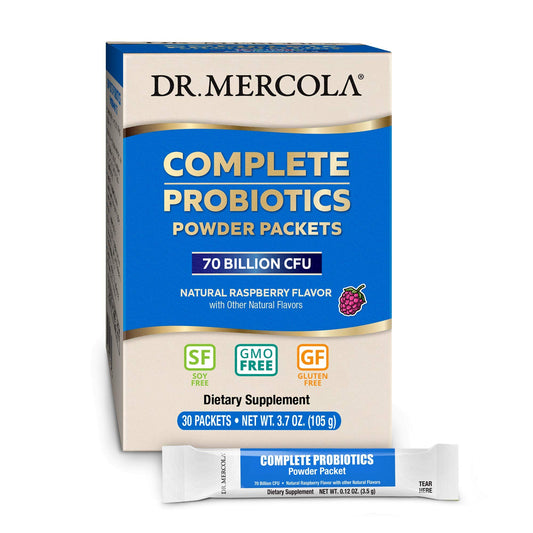Dr. Mercola Complete Probiotics 70B CFU label close-up highlighting potent gut balance.
