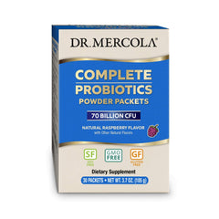 Dr. Mercola Complete Probiotics bottle front with raspberry flavor for on-the-go gut support.