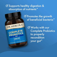 Dr. Mercola Complete Probiotics SBO bottle with clear glass and pills on display