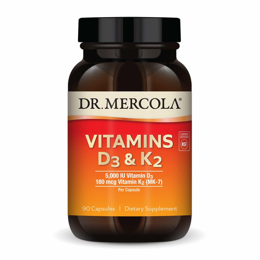 Dr Mercola D3 & K2 bottle front shows 90 servings for daily immune and bone support.
