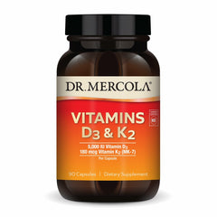 Dr Mercola D3 & K2 bottle front shows 90 servings for daily immune and bone support.