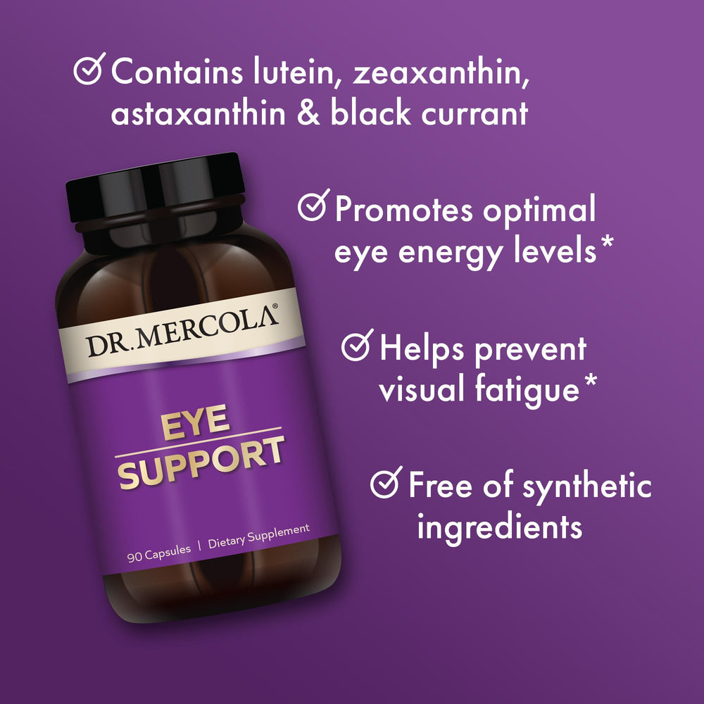 Dr. Mercola Eye Support packaging box highlighting non-GMO and gluten-free