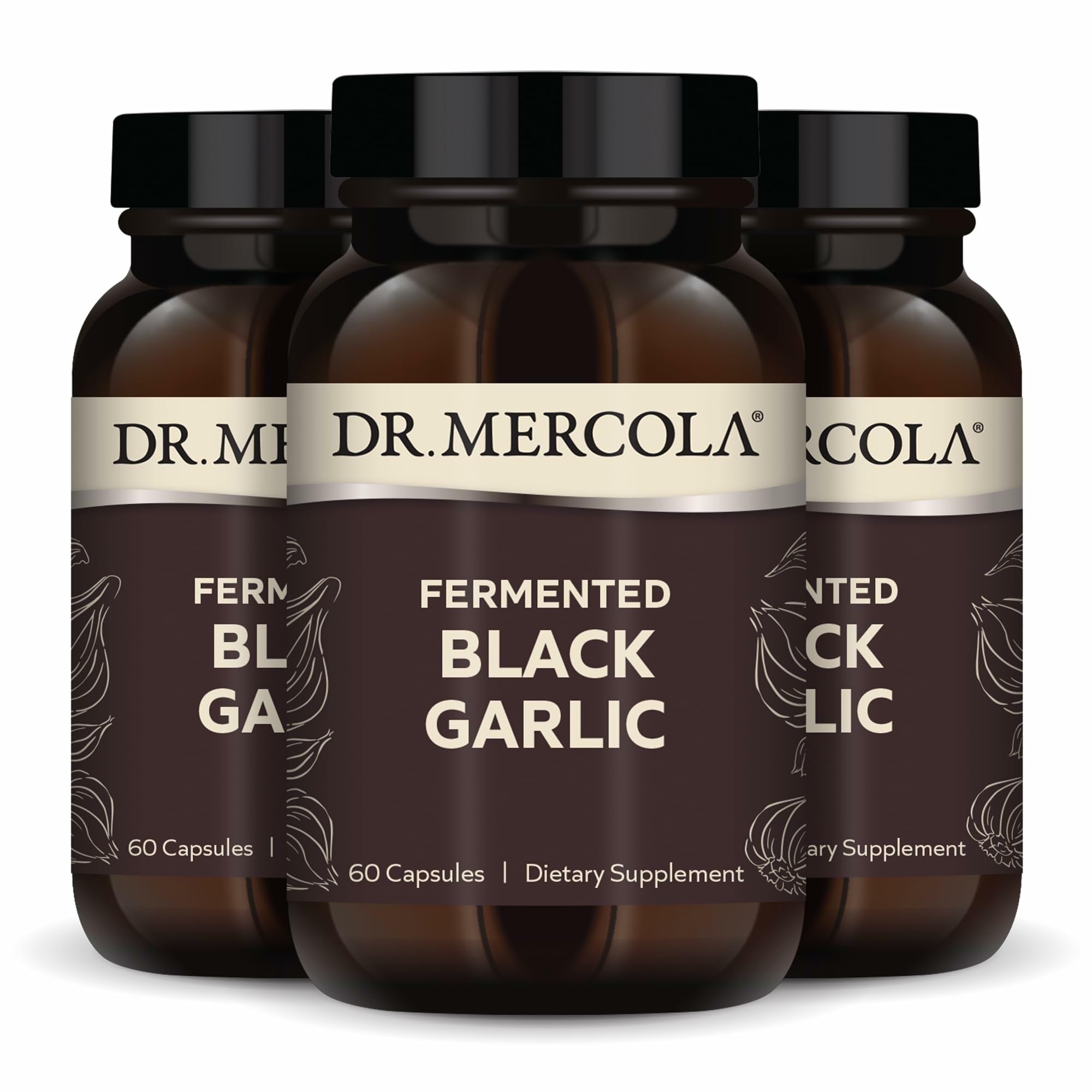 Dr. Mercola Fermented Black Garlic bottle for daily immune support.