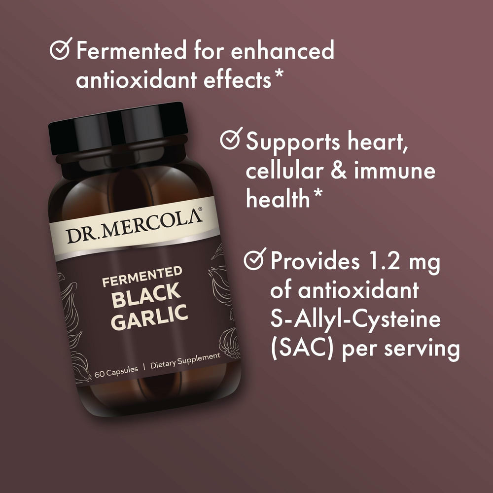Close-up of Dr. Mercola Fermented Black Garlic label for quality.