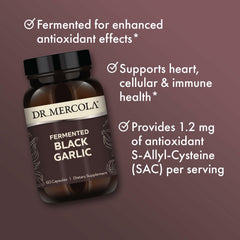 Close-up of Dr. Mercola Fermented Black Garlic label for quality.