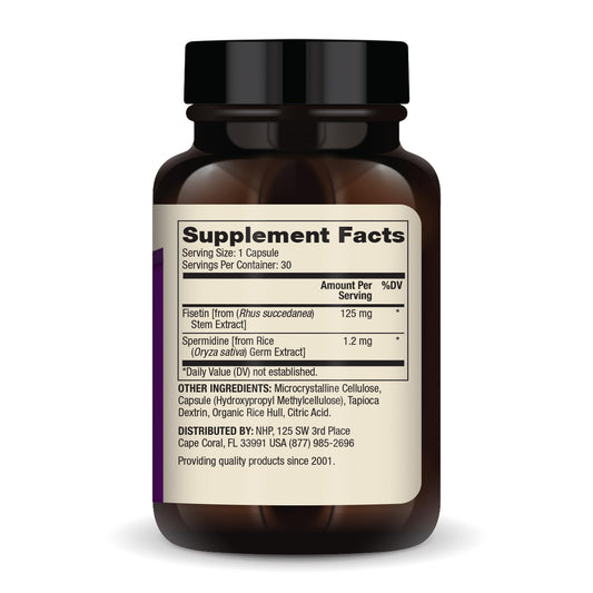 Dr. Mercola Fisetin and Spermidine capsules close-up for easy daily supplementation.