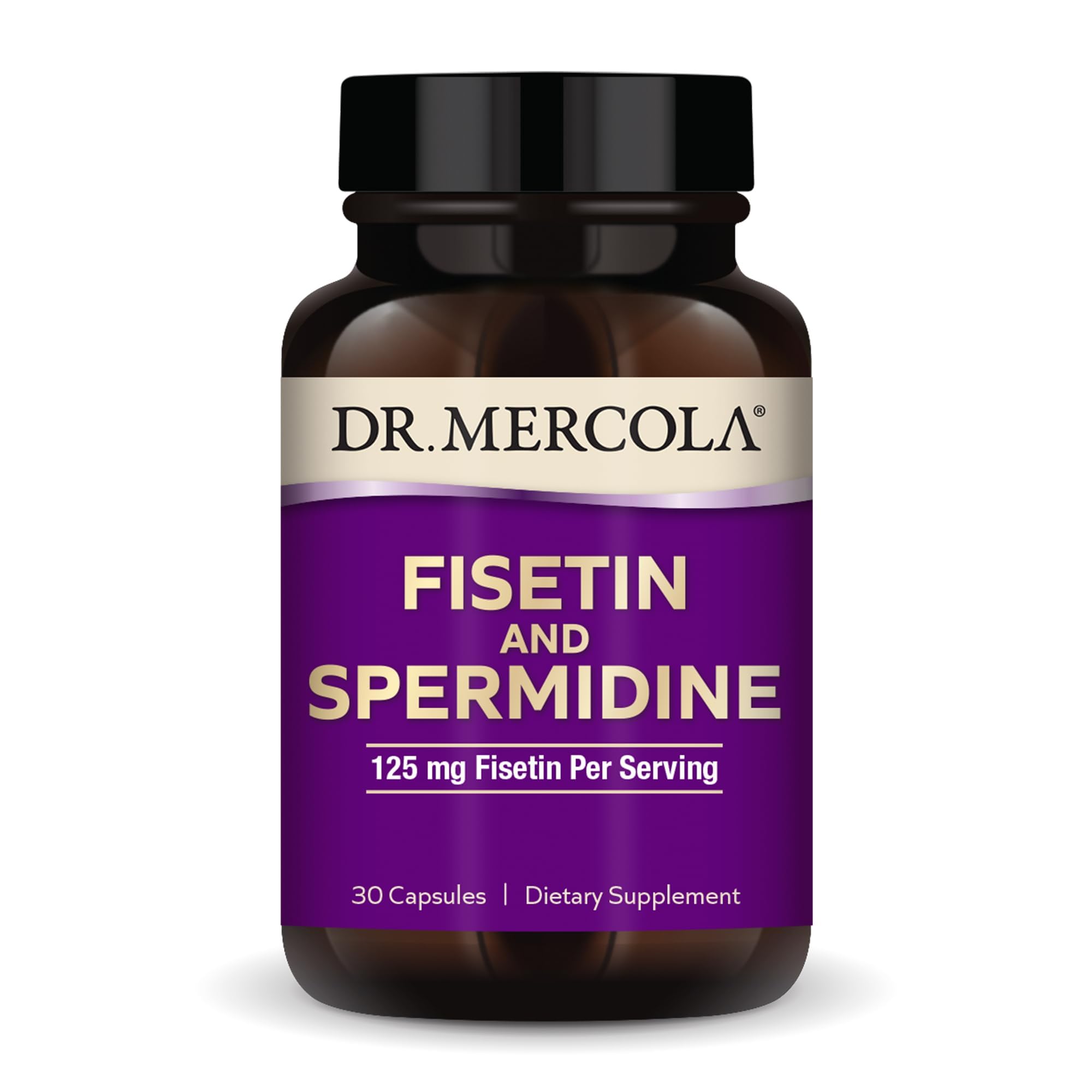 Dr. Mercola Fisetin and Spermidine bottle front view for daily wellness.