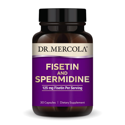Dr. Mercola Fisetin and Spermidine bottle front view for daily wellness.