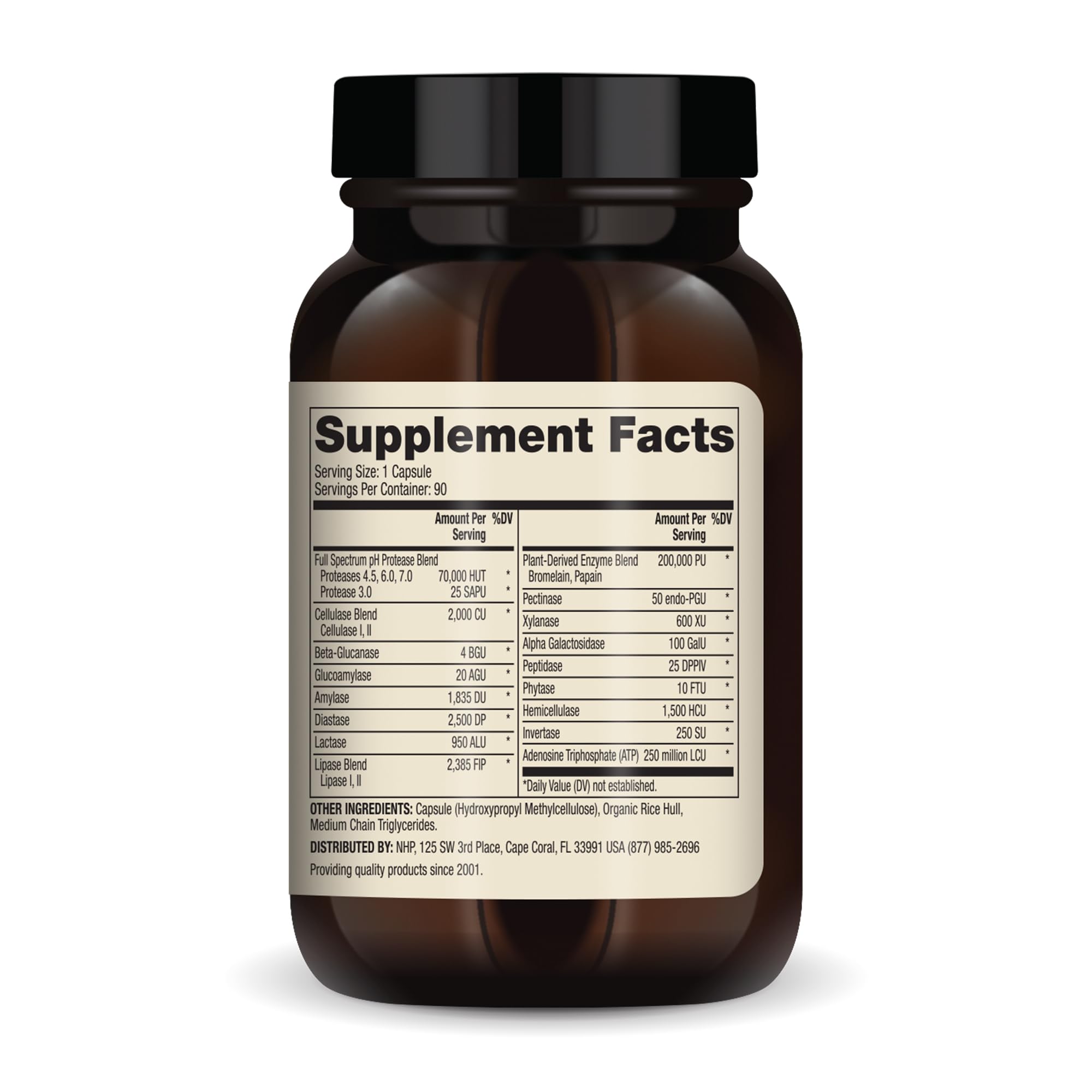 Dr Mercola Full Spectrum Enzymes bottle back label highlights non-GMO and allergen-friendly features