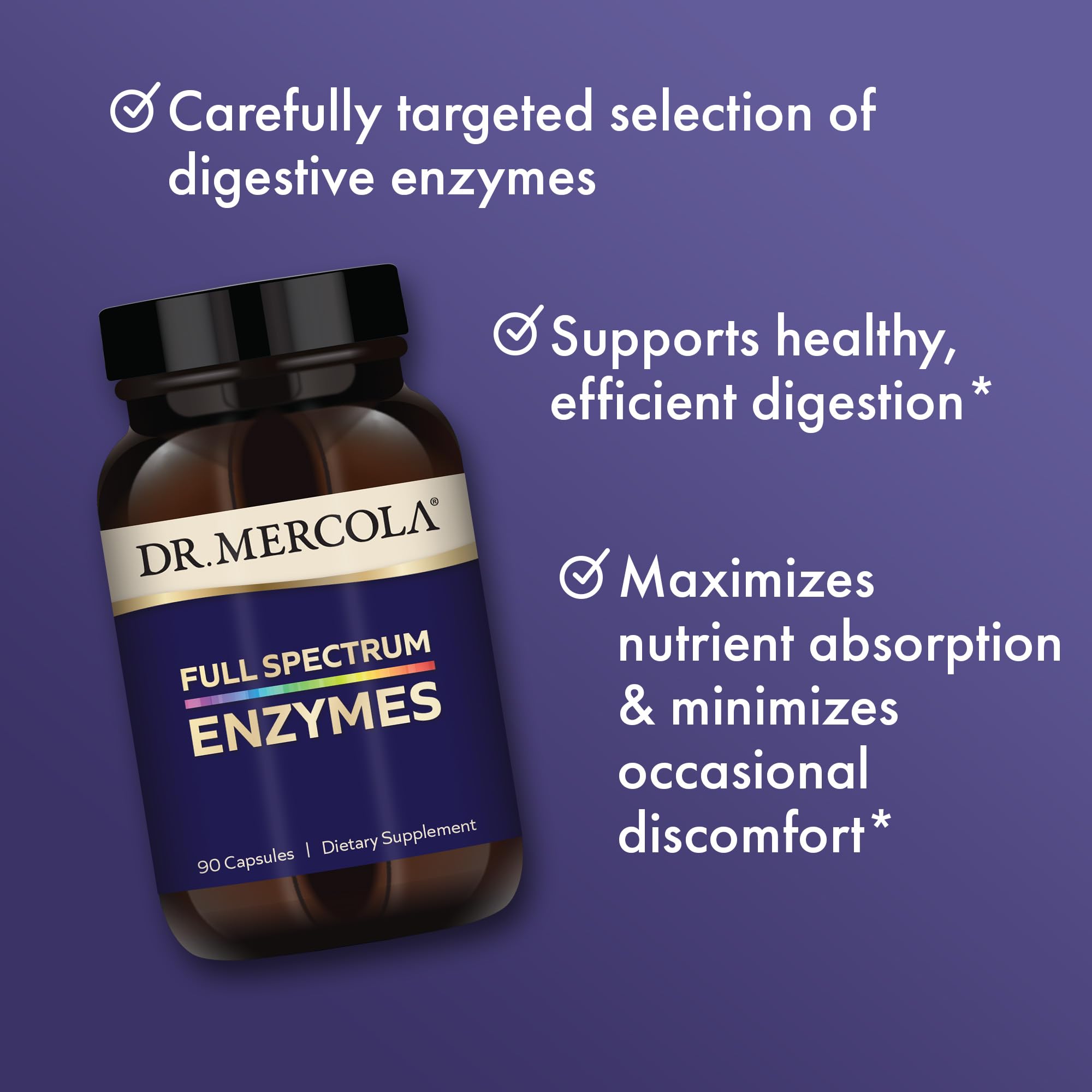 Dr Mercola Full Spectrum Enzymes ingredient panel shows 22 plant-based enzymes