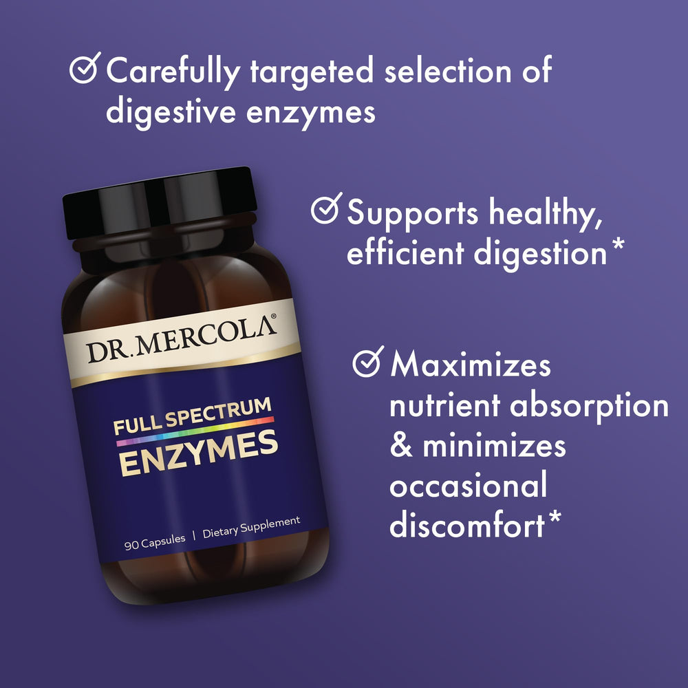 Dr Mercola Full Spectrum Enzymes ingredient panel shows 22 plant-based enzymes