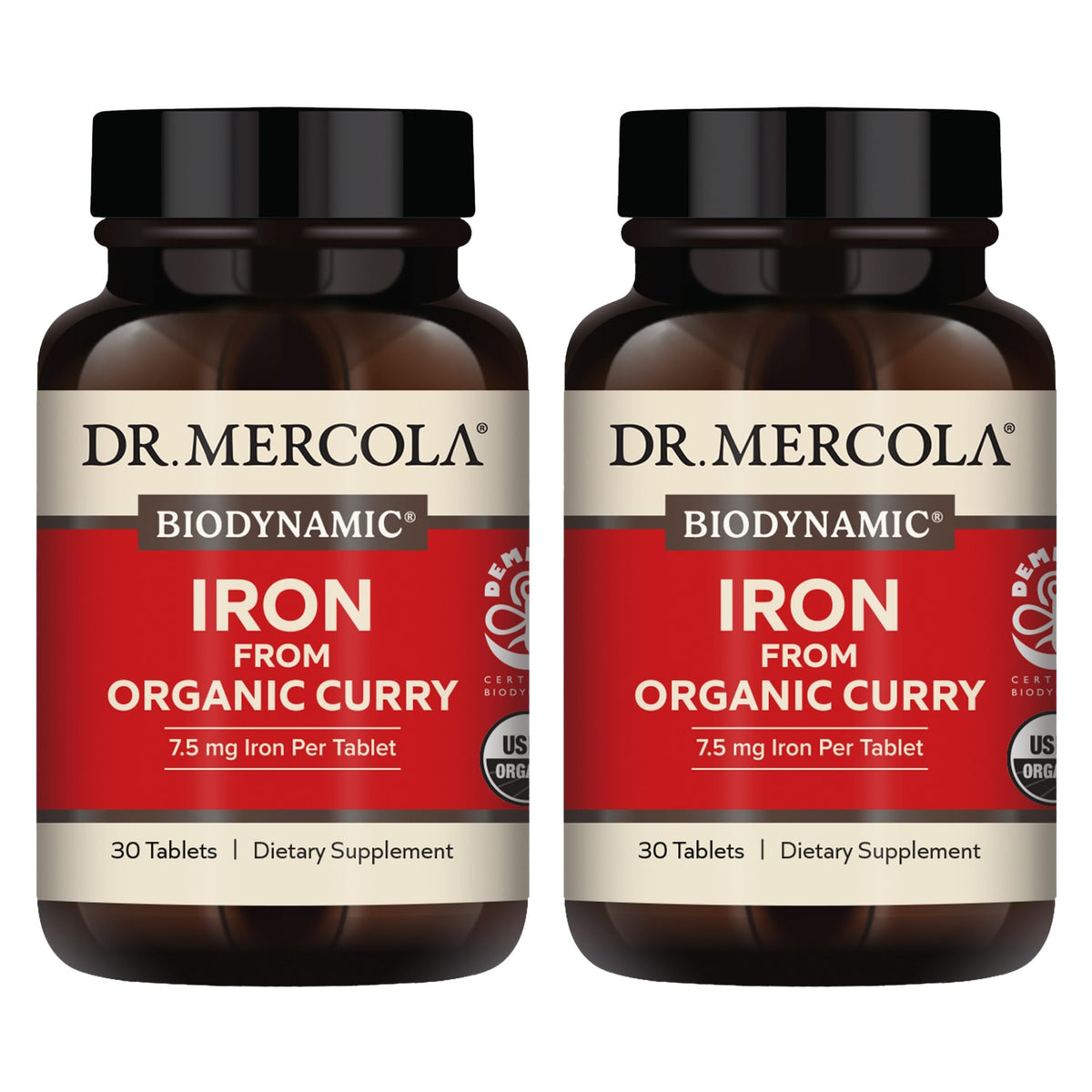 Dr Mercola Iron from Organic Curry bottle highlighting the organic formulation for daily energy