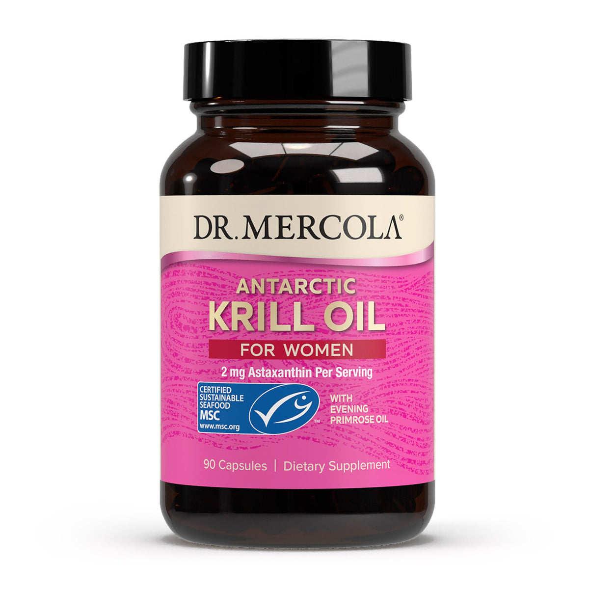 Dr. Mercola Krill Oil for Women bottle pour highlighting easy daily omega-3 intake