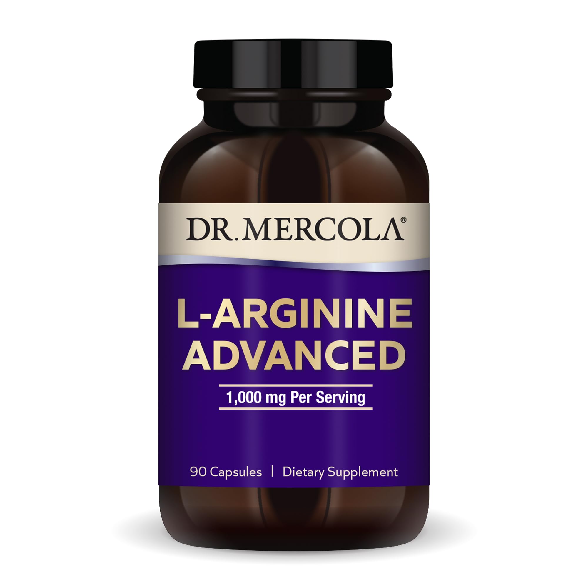 Dr. Mercola L-Arginine Advanced bottle on counter for daily wellness.