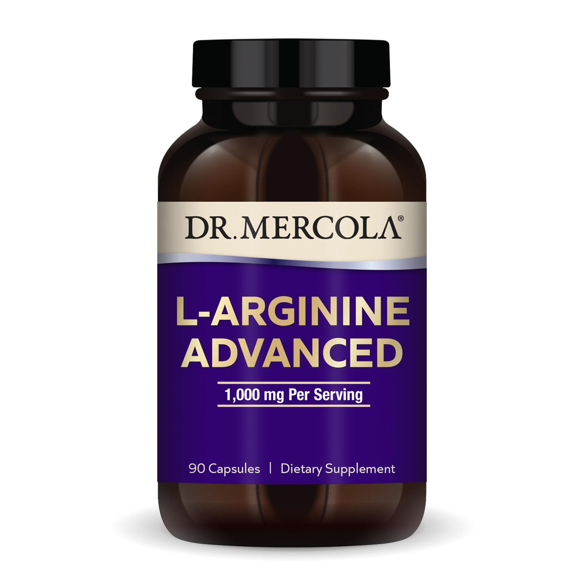 Dr. Mercola L-Arginine Advanced bottle on counter for daily wellness.
